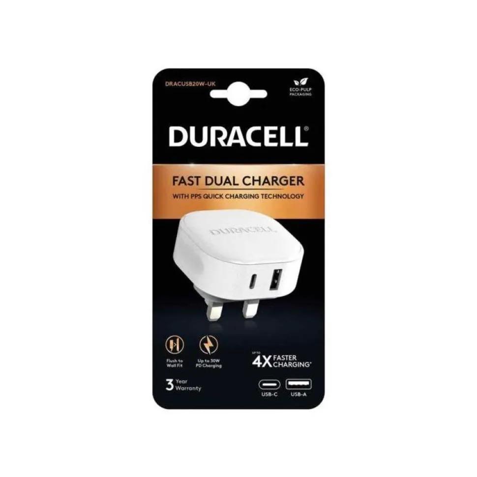 Duracell Dual Fast Wall Charger USB Type A and C